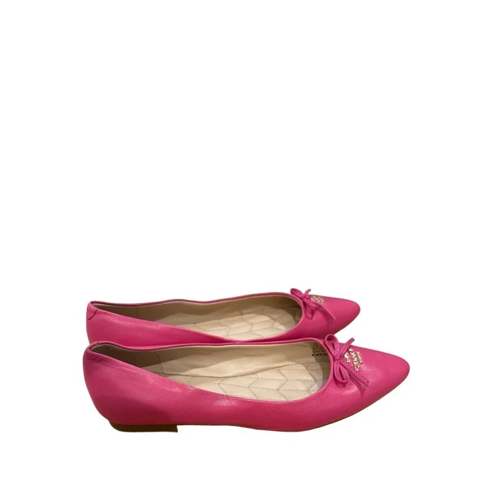 Coach Womens Pink Leather Ballet Flats Sz 5.5 Pointed Toe Bow Gold Hardware EUC